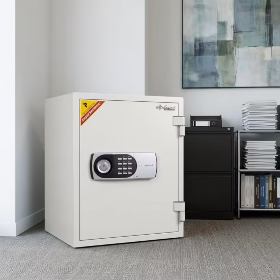 Premium Diplomat 530EK Digital Fire Safe Box in a clean off-white finish, featuring a central gray digital keypad panel with a manual key lock core, standing on a textured grey office carpet.
