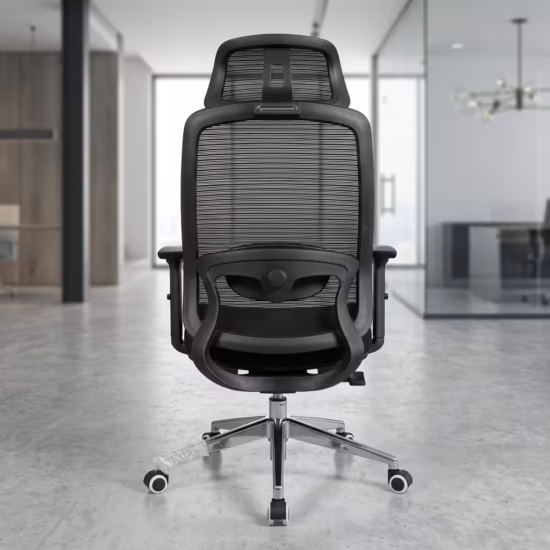 Premium High-Back Adjustable Lumbar Support Chair featuring an open-airflow black mesh backrest, a visible integrated lower-back mechanical support dial, flat armrests, a plush black seat cushion, and a matte black five-star star base with rolling wheels, standing on a grey tile floor.