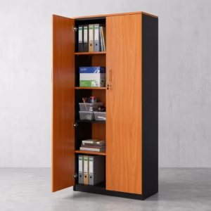 Premium 2-Door Wooden Lockable Office Storage Cabinet in a rich cherry wood and matte black finish, showcasing two open vertical swing doors with a centered silver key lock cylinder and vertical metal handles, displaying organized binders, notebooks, and folders on five internal shelves, standing on a polished concrete floor.