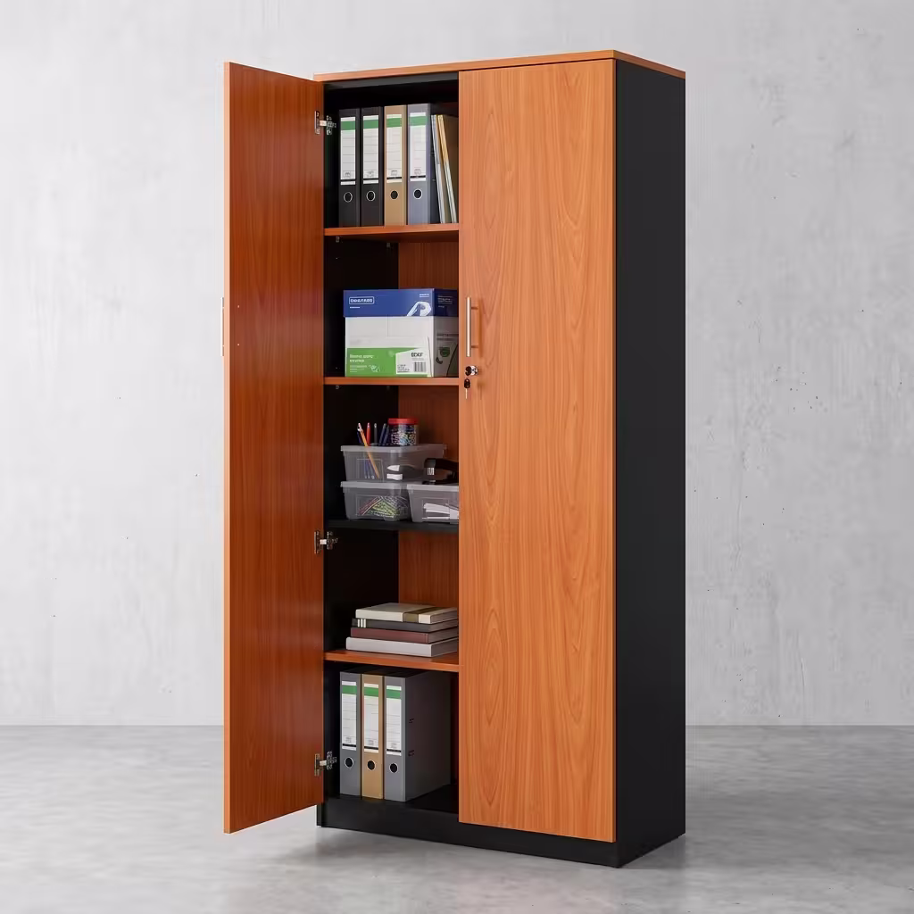 Premium 2-Door Wooden Lockable Office Storage Cabinet in a rich cherry wood and matte black finish, showcasing two open vertical swing doors with a centered silver key lock cylinder and vertical metal handles, displaying organized binders, notebooks, and folders on five internal shelves, standing on a polished concrete floor.