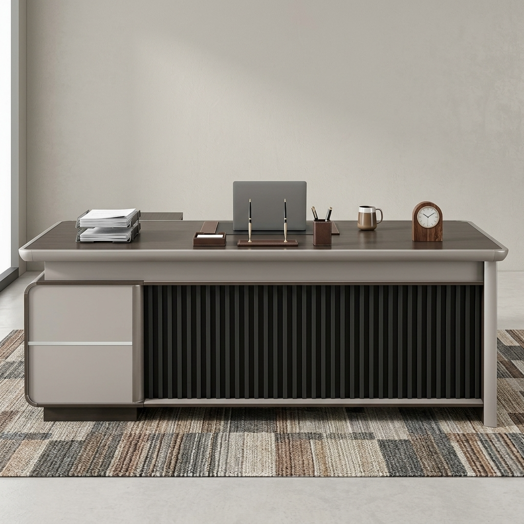Premium CEO Modern Executive Office Table in a dark charcoal-brown woodgrain finish, featuring a vertical black fluted slatted front modesty panel, an integrated cream-colored side storage drawer pedestal, and a built-in black leather desk blotter mat supporting a silver laptop, resting on a textured geometric area rug.
