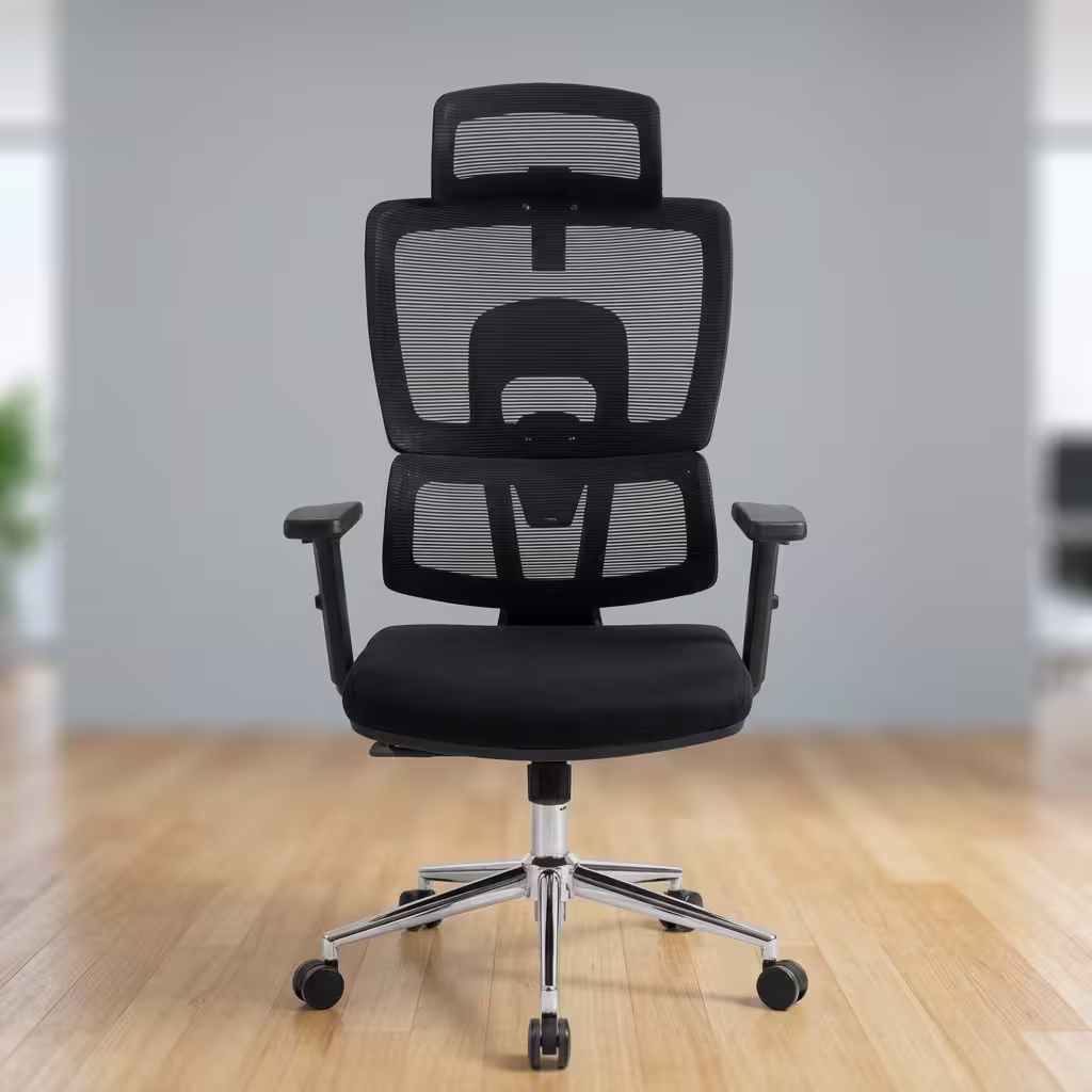 Premium High-Back Executive Adjustable Office Seat featuring an open-airflow black mesh split backrest, matching black adjustable headrest, flat armrests, a plush black seat cushion, and a highly reflective polished chrome five-star star base with rolling wheels, standing on a light wood floor.