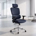 Premium Orthopedic Office Chair With Headrest featuring an open-airflow navy blue fabric split backrest, matching adjustable headrest, flat armrests, a plush blue seat cushion, and a highly reflective polished metal five-star star base with rolling wheels, standing on a light grey floor.