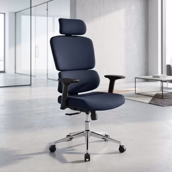 Premium Orthopedic Office Chair With Headrest featuring an open-airflow navy blue fabric split backrest, matching adjustable headrest, flat armrests, a plush blue seat cushion, and a highly reflective polished metal five-star star base with rolling wheels, standing on a light grey floor.