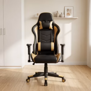 Premium High-Back Gaming Chair With Headrest in a sleek matte black faux leather upholstery, featuring a contoured bucket backrest, an adjustable neck headrest pillow, a matching lower lumbar cushion, rigid armrests, and a heavy-duty black five-star star base with rolling wheels, standing on a polished floor.