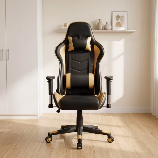 Premium High-Back Gaming Chair With Headrest in a sleek matte black faux leather upholstery, featuring a contoured bucket backrest, an adjustable neck headrest pillow, a matching lower lumbar cushion, rigid armrests, and a heavy-duty black five-star star base with rolling wheels, standing on a polished floor.
