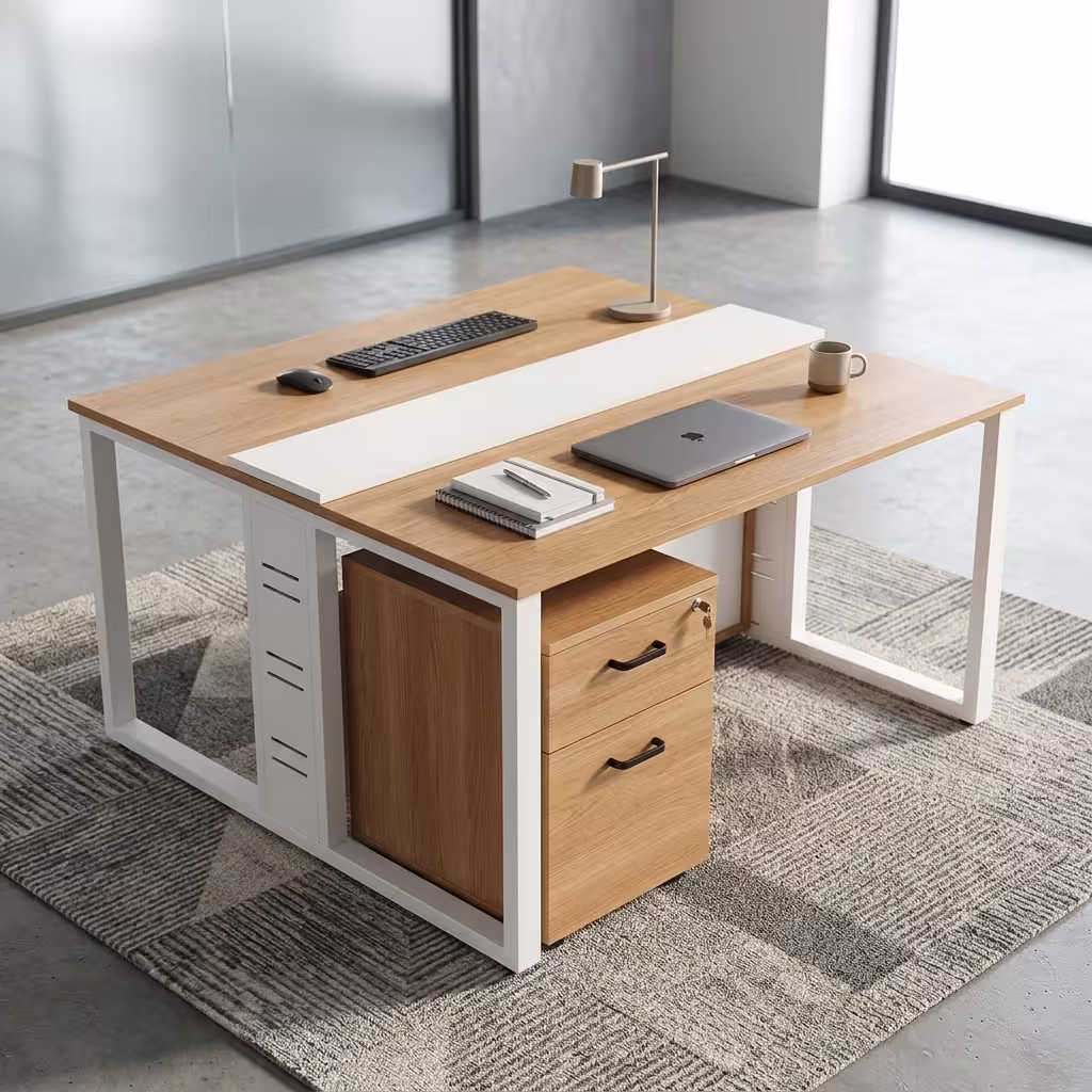 Premium 2-Way Modular Office Workstation featuring two back-to-back light woodgrain desktops, a central white privacy strip, white steel loop base legs, an integrated woodgrain drawer pedestal with a key lock, displaying a keyboard, a laptop, and a desk lamp on a geometric grey carpet.
