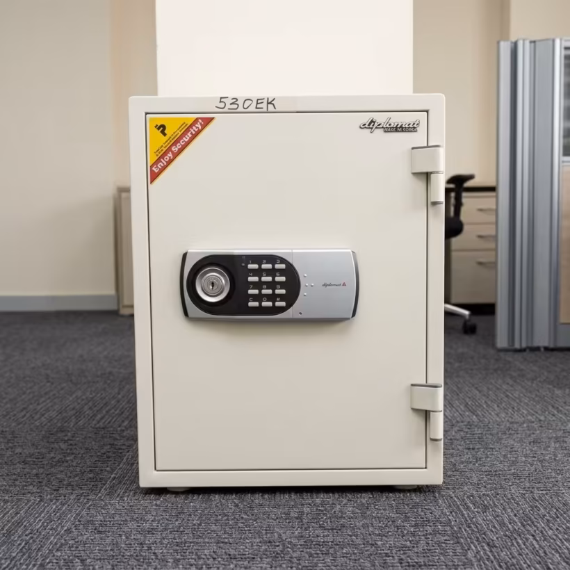 Premium Diplomat 530EK Digital Fire Safe Box in a clean off-white finish, featuring a central gray digital keypad panel with a manual key lock core, standing on a textured grey office carpet.