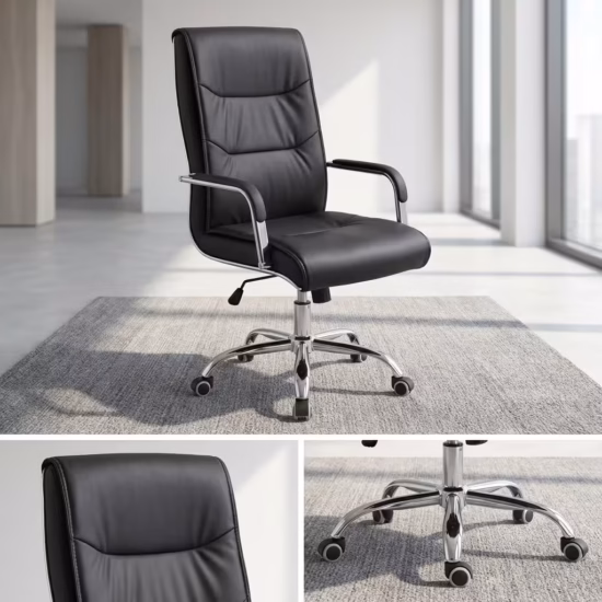 Premium High-Back Executive Leather Office Chair in matte black leatherette with segmented padding, padded chrome loop armrests, and a polished five-star rolling base, standing on a textured gray area rug.