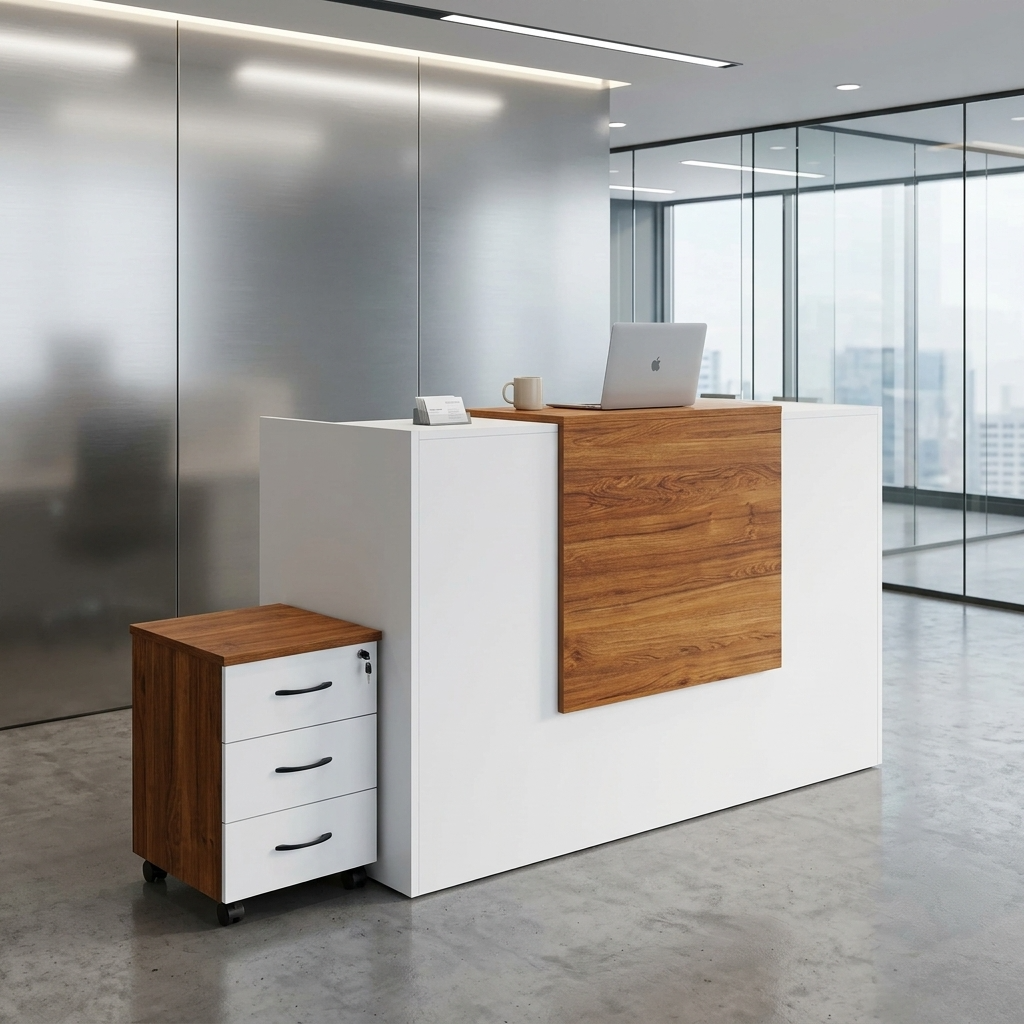Premium 1.8M Reception Desk With Lockable Drawers featuring a clean white and natural woodgrain finish, a dual-tier transaction counter top with an integrated translucent slatted glass screen, and an inner view showing lockable storage drawers in a corporate lobby.