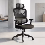 Premium High-Back Ergonomic Mesh High Back Office Chair featuring an open-airflow black mesh split backrest, matching black adjustable headrest, flat armrests, a plush black seat cushion, and a matte black five-star star base with rolling wheels, standing on a grey tile floor.