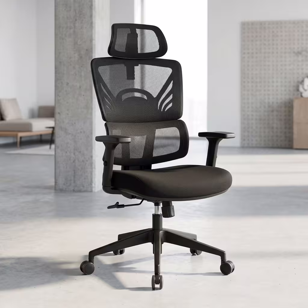 Premium High-Back Ergonomic Mesh High Back Office Chair featuring an open-airflow black mesh split backrest, matching black adjustable headrest, flat armrests, a plush black seat cushion, and a matte black five-star star base with rolling wheels, standing on a grey tile floor.