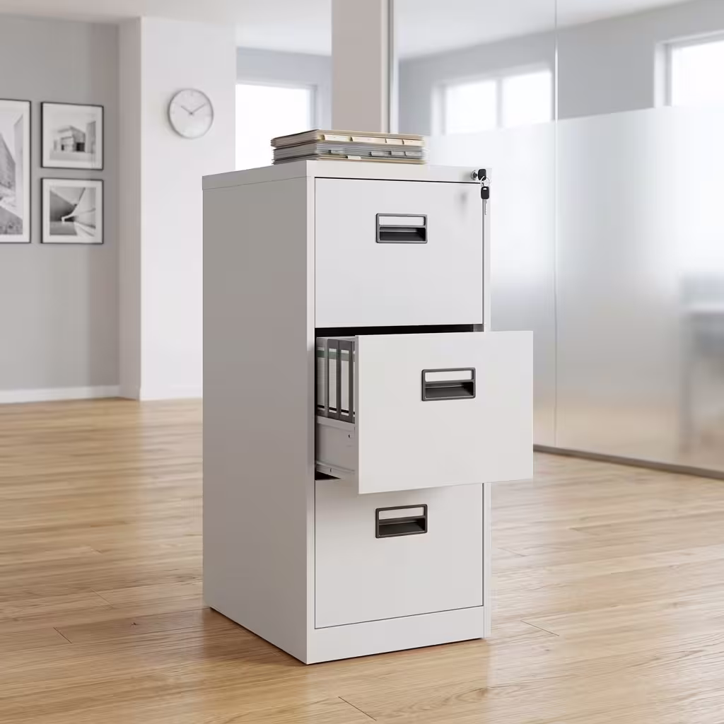 Premium 3-Drawer Cabinet With Single-Key in a professional light gray powder-coated steel finish, showing all three drawers staggered open to reveal legal hanging file tabs, complete with a key inserted in the top lock core, a stapler, and a tape dispenser on top, resting on large gray floor tiles in a glass-partitioned modern office.