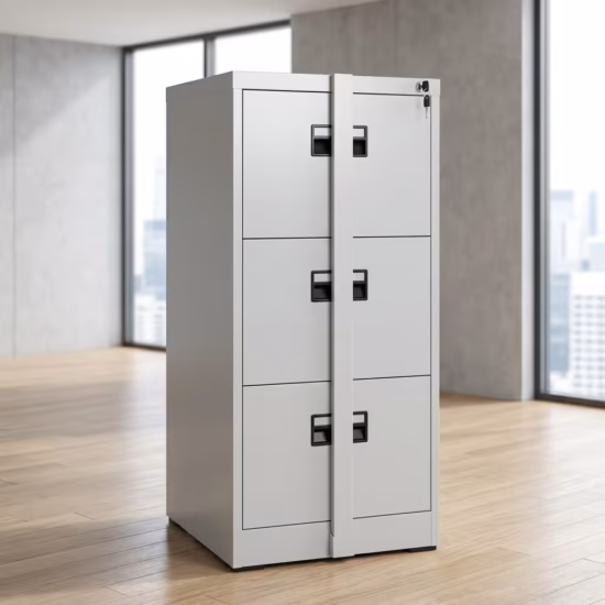 Premium 3-Drawer Locking File Cabinet in a professional light gray powder-coated steel finish, showing all three closed drawers secured by a centered vertical steel locking bar with a key inserted in the top lock core, standing on light wood flooring in a modern office setup.