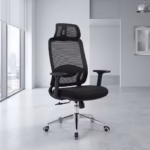 Premium High-Back Adjustable Lumbar Support Chair featuring an open-airflow black mesh backrest, a visible integrated lower-back mechanical support dial, flat armrests, a plush black seat cushion, and a matte black five-star star base with rolling wheels, standing on a grey tile floor.
