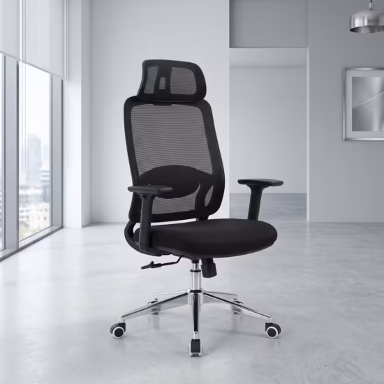 Premium High-Back Adjustable Lumbar Support Chair featuring an open-airflow black mesh backrest, a visible integrated lower-back mechanical support dial, flat armrests, a plush black seat cushion, and a matte black five-star star base with rolling wheels, standing on a grey tile floor.