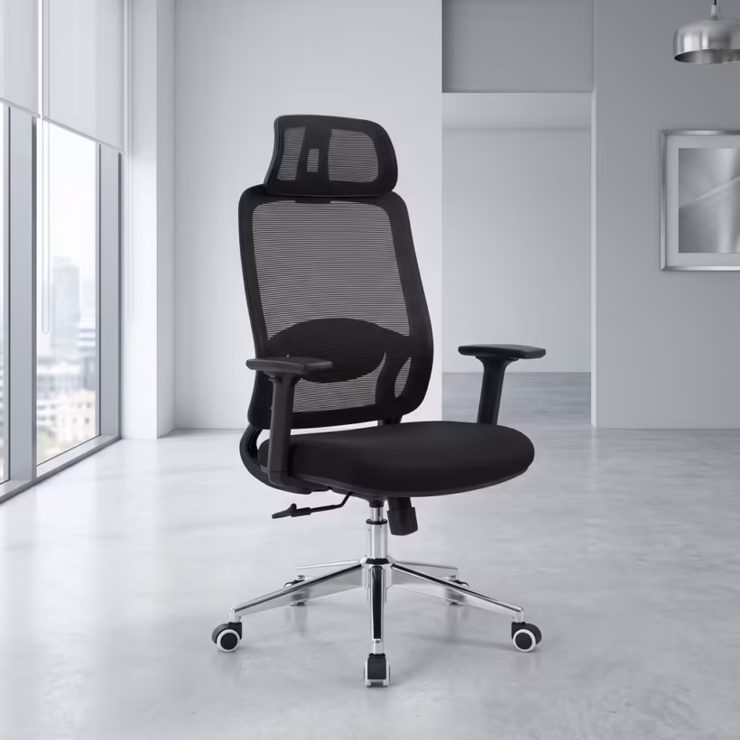 Premium High-Back Adjustable Lumbar Support Chair featuring an open-airflow black mesh backrest, a visible integrated lower-back mechanical support dial, flat armrests, a plush black seat cushion, and a matte black five-star star base with rolling wheels, standing on a grey tile floor.