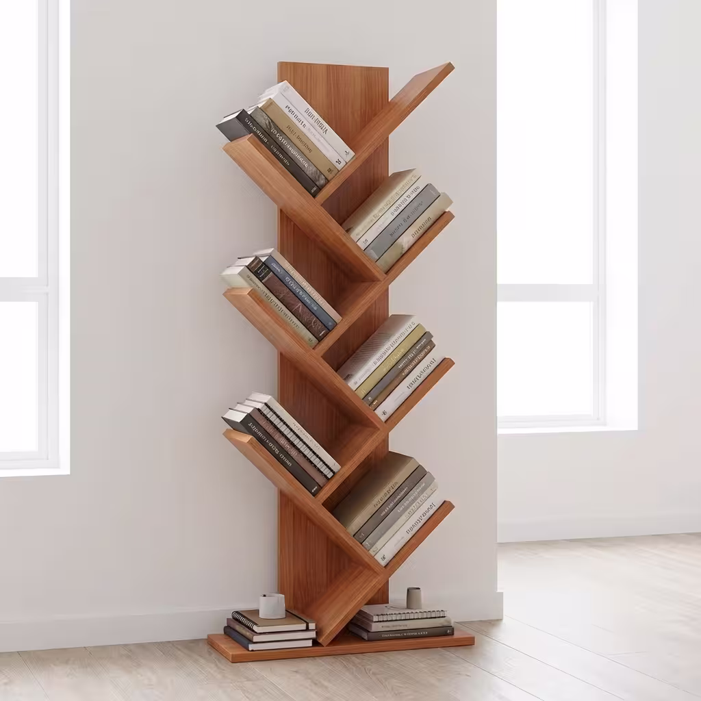 Premium Wooden Standing Bookshelf featuring an artistic tree-shaped geometric layout with 9 tiers of angled walnut branches holding colorful books, resting on light oak flooring in a bright modern office corner.