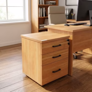 Premium 3-Drawer Mobile Pedestal Cabinet in a sleek matte white finish with silver metal handles, tucked neatly underneath a natural wood executive office desk.