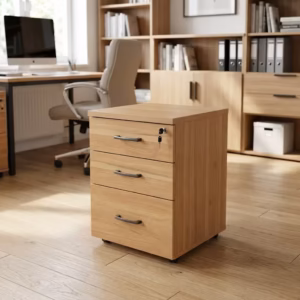 Premium 3-Drawer Mobile Pedestal Cabinet in a sleek matte white finish with silver metal handles, tucked neatly underneath a natural wood executive office desk.