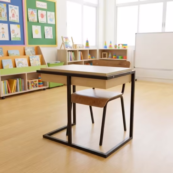 Premium Wooden Study Desk & Chair Set featuring a light oak woodgrain desktop with an open pull-out drawer, matching wooden school chair, and high-stability black steel legs in a classroom.