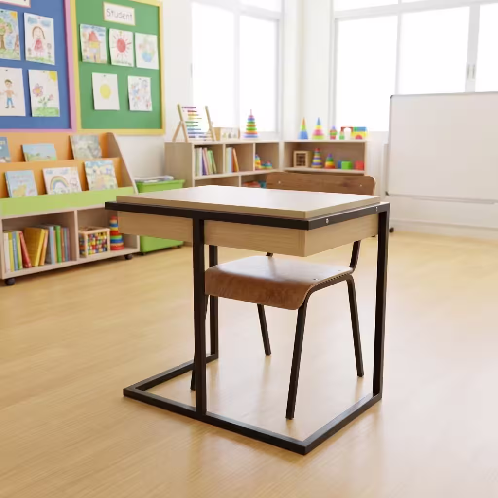 Premium Wooden Study Desk & Chair Set featuring a light oak woodgrain desktop with an open pull-out drawer, matching wooden school chair, and high-stability black steel legs in a classroom.