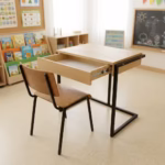 Premium Wooden Study Desk & Chair Set featuring a light oak woodgrain desktop with an open pull-out drawer, matching wooden school chair, and high-stability black steel legs in a classroom.