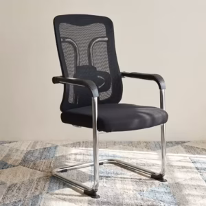 Premium Mid-Back Visitor Mesh Office Chair featuring a black mesh backrest, a thick fabric upholstered seat cushion, rigid black loop armrests, and a reflective chrome sled base.