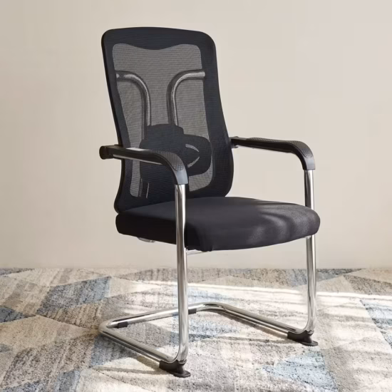 Premium Mid-Back Visitor Mesh Office Chair featuring a black mesh backrest, a thick fabric upholstered seat cushion, rigid black loop armrests, and a reflective chrome sled base.