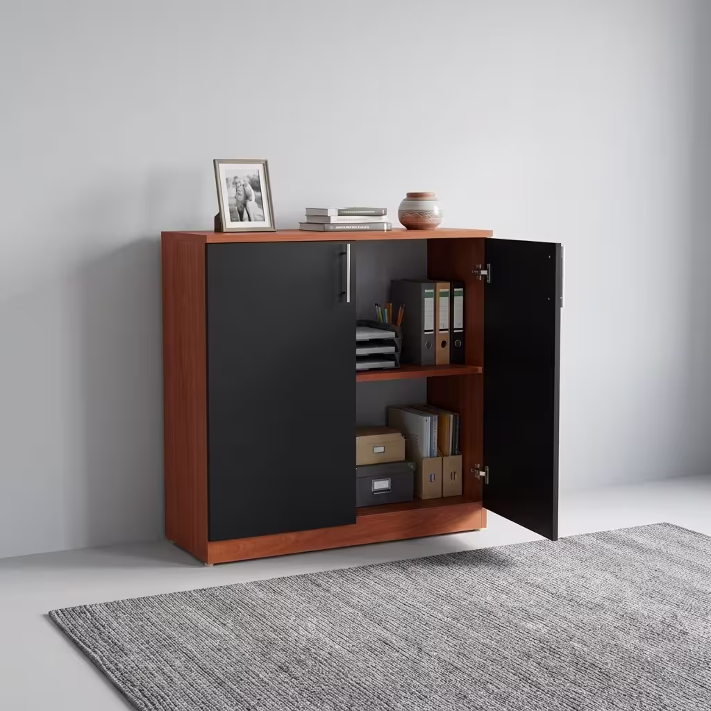 Premium 2-Door Wooden Storage Office Cabinet in a rich walnut woodgrain finish, showcasing two closed vertical swing doors with a centered silver key lock cylinder, standing on a polished concrete floor in a modern corporate office layout.