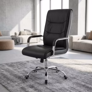 Premium High-Back Executive Leather Office Chair in matte black leatherette with segmented padding, padded chrome loop armrests, and a polished five-star rolling base, standing on a textured gray area rug.