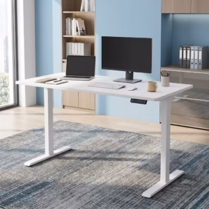 Premium 1.4M Height Adjustable Electric Desk in a minimalist white finish, showing a dual-monitor setup raised to a standing height position in a bright home studio.