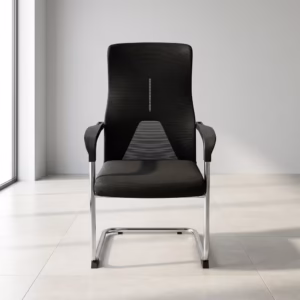 Premium Executive Conference/Visitor Office Chair featuring a black mesh backrest, a thick upholstered seat cushion, rigid black loop armrests, and a reflective chrome sled base.