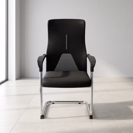 Premium Executive Conference/Visitor Office Chair featuring a black mesh backrest, a thick upholstered seat cushion, rigid black loop armrests, and a reflective chrome sled base.