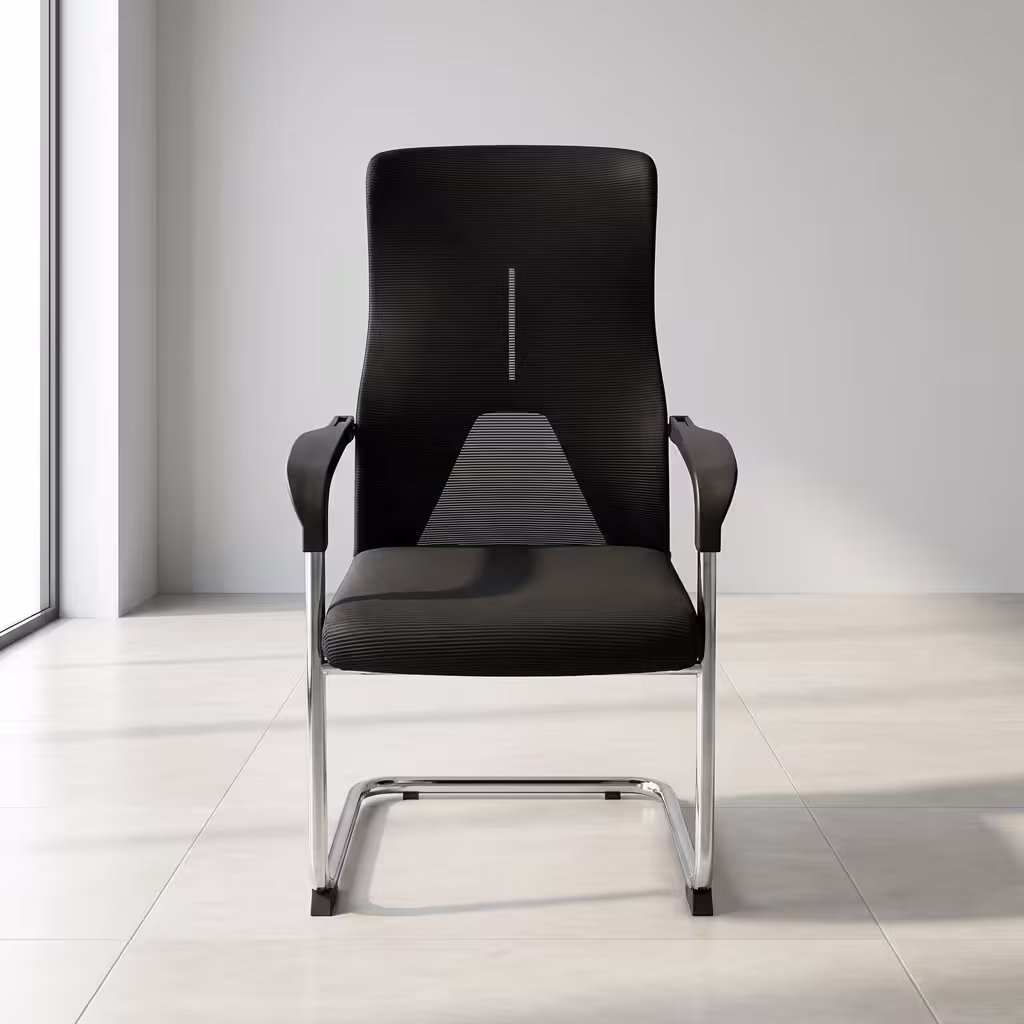 Premium Executive Conference/Visitor Office Chair featuring a black mesh backrest, a thick upholstered seat cushion, rigid black loop armrests, and a reflective chrome sled base.