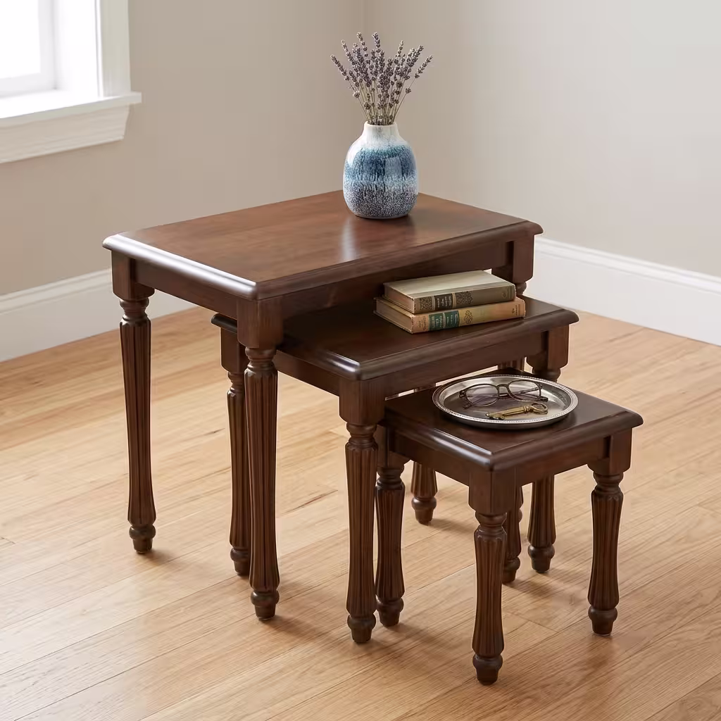 Premium 3-Piece Set Wooden Nesting Stool showing three cascading solid rubberwood tables neatly arranged from largest to smallest on a polished hardwood floor.