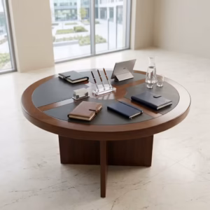 Premium Modern Round Conference Table featuring a smooth circular tabletop with a rich natural woodgrain finish, supported by a heavy-duty matte black central pedestal base inside a corporate suite.