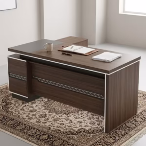Premium 1.6M Luxury Executive Office Desk in a deep walnut finish with an integrated side return cabinet, displaying an open laptop and modern silver cable ports.