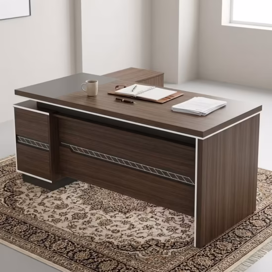 Premium 1.6M Luxury Executive Office Desk in a deep walnut finish with an integrated side return cabinet, displaying an open laptop and modern silver cable ports.