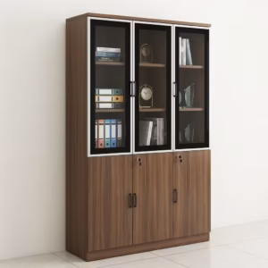 Premium 3-Door Wooden Office Storage Cabinet in a rich walnut finish, highlighting an upper three-door black-framed tempered glass display section and a lockable solid wooden base in an executive office lobby.