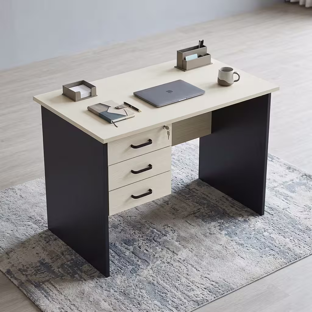 Premium 0.9M Custom Office/Home Desk featuring a smooth light wood tabletop, a built-in silver USB charging port panel, and a matte black metal frame standing in a sunlit corner room