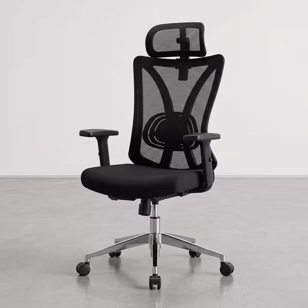 Premium High-Back Black Mesh Office Chair With Headrest featuring an open-airflow mesh backrest, matching black adjustable headrest, flat armrests, and a highly reflective polished chrome star base with rolling wheels, standing on a polished concrete floor.