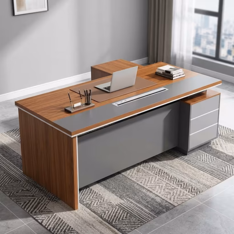 Premium 2000MM Modern Executive Office Desk in a rich walnut finish with a matte grey front modesty panel and an integrated side return storage cabinet, displaying a sleek laptop.
