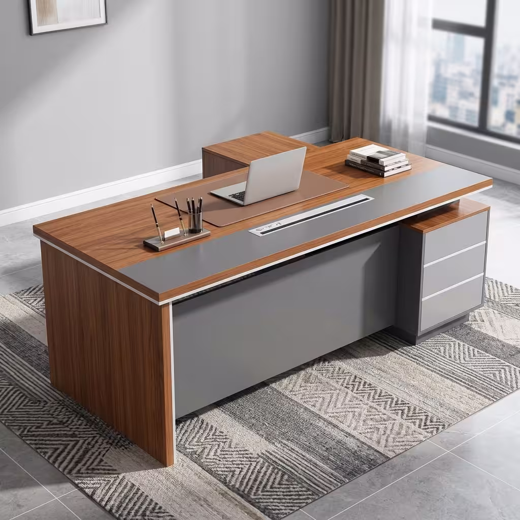Premium 2000MM Modern Executive Office Desk in a rich walnut finish with a matte grey front modesty panel and an integrated side return storage cabinet, displaying a sleek laptop.