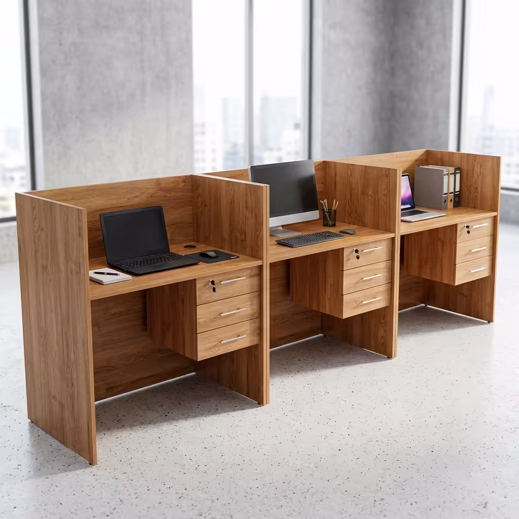 Premium 3-Way Workstation With Lockable Drawers in a warm teak woodgrain finish, showing three private inline desk cubicles in a row, each equipped with a laptop or monitor and an integrated 3-drawer lockable file cabinet.
