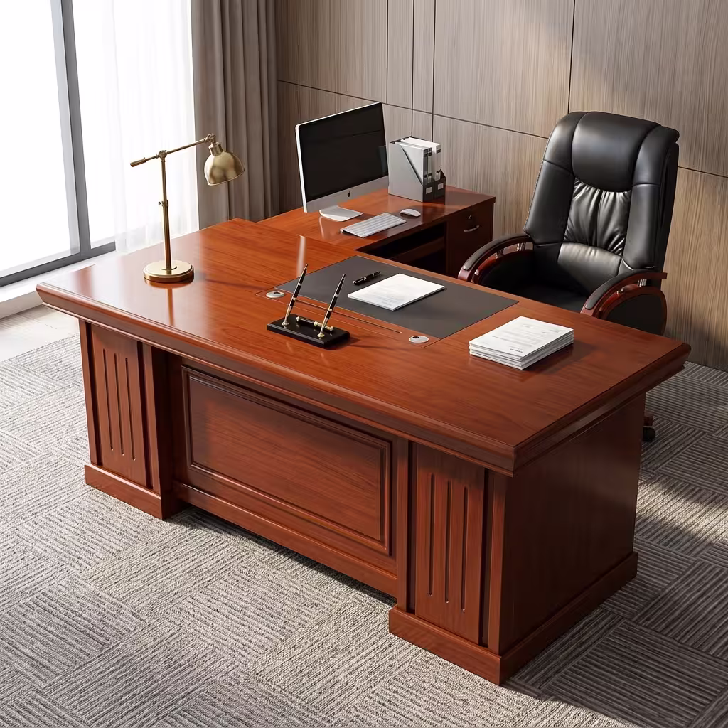 Premium 2M Executive Office Desk With Mobile Extension in a rich cherry wood veneer finish, featuring a black leather center desk blotter mat, classic fluted side columns on the front modesty panel, and an attached side return storage console supporting a desktop monitor and file organizer, paired with a high-back black leather chair on a textured carpet.