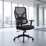 Premium Orthopedic High-Back Office Chair featuring an open-airflow black mesh backrest, integrated lumbar support section, flat T-shaped armrests, a plush black seat cushion, and a matte black five-star star base with rolling wheels, standing in a bright corporate office.
