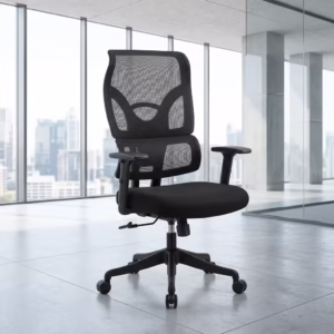 Premium Orthopedic High-Back Office Chair featuring an open-airflow black mesh backrest, integrated lumbar support section, flat T-shaped armrests, a plush black seat cushion, and a matte black five-star star base with rolling wheels, standing in a bright corporate office.