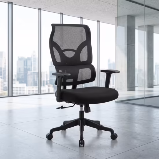 Premium Orthopedic High-Back Office Chair featuring an open-airflow black mesh backrest, integrated lumbar support section, flat T-shaped armrests, a plush black seat cushion, and a matte black five-star star base with rolling wheels, standing in a bright corporate office.
