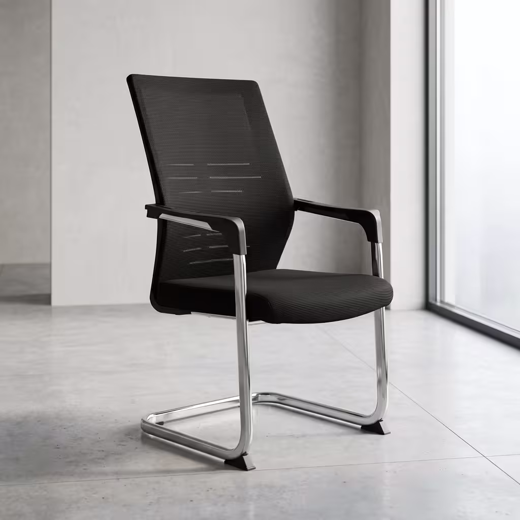 Premium Black Mesh Cantilever Visitor Chair featuring a black mesh high backrest, a thick fabric upholstered seat cushion, sleek chrome armrests with black top caps, and a reflective chrome continuous sled frame, standing on a polished concrete floor.